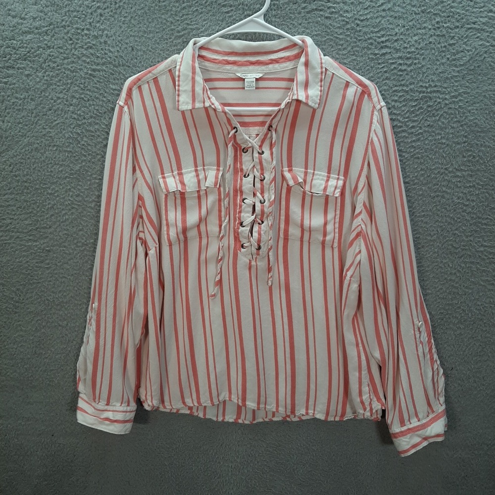 Cato Shirt Womens 22/24W White Pink Striped V‎ Neck Top Preppy Nautical Coastal